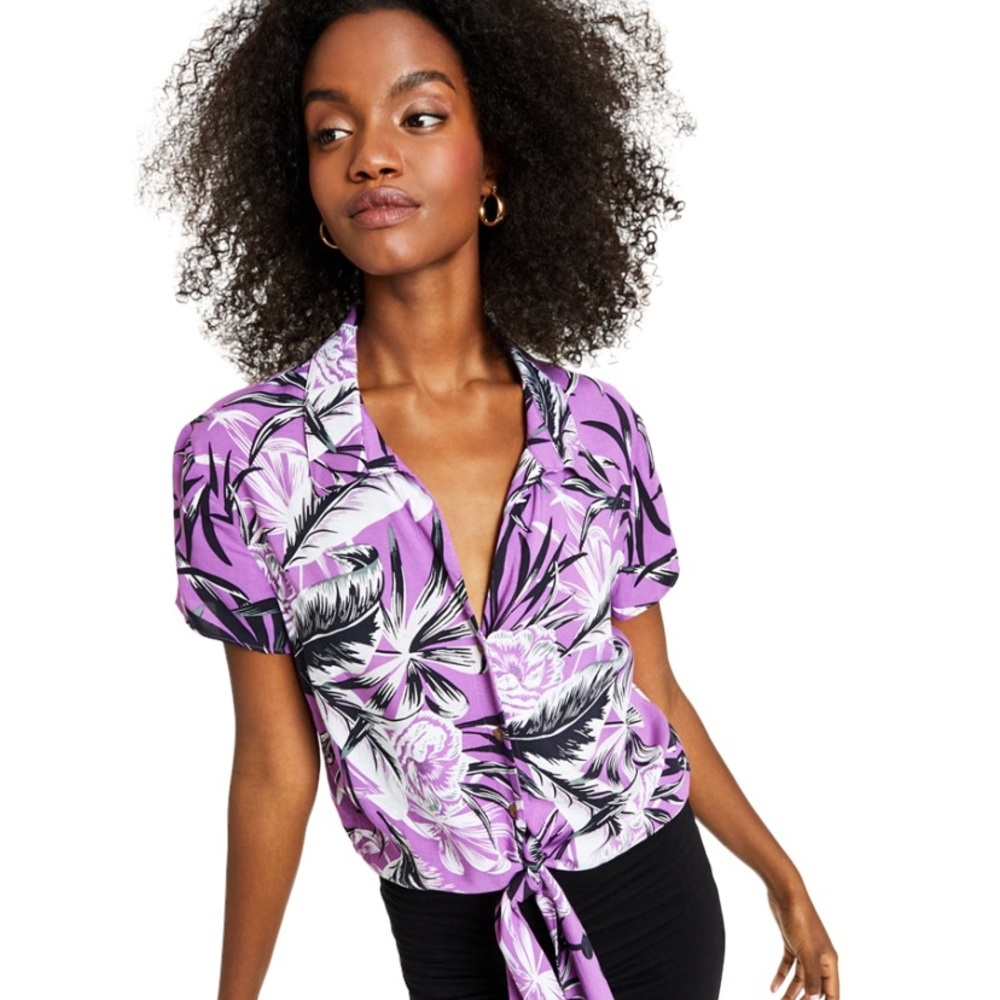 Tropical Purple Print Tie Front Top